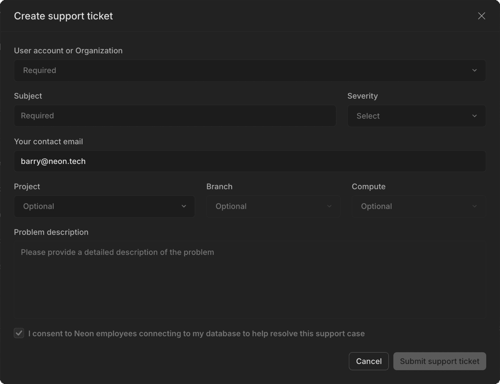 Support ticket modal
